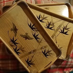 Vintage 1940'S Asian Aesthetic Bamboo Wooden Serving Trays